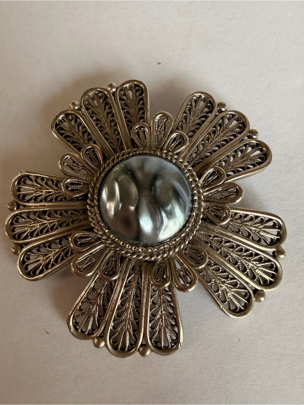 Avante Vintage Silver Tone Filigree Flower Brooch with Faux Pearl